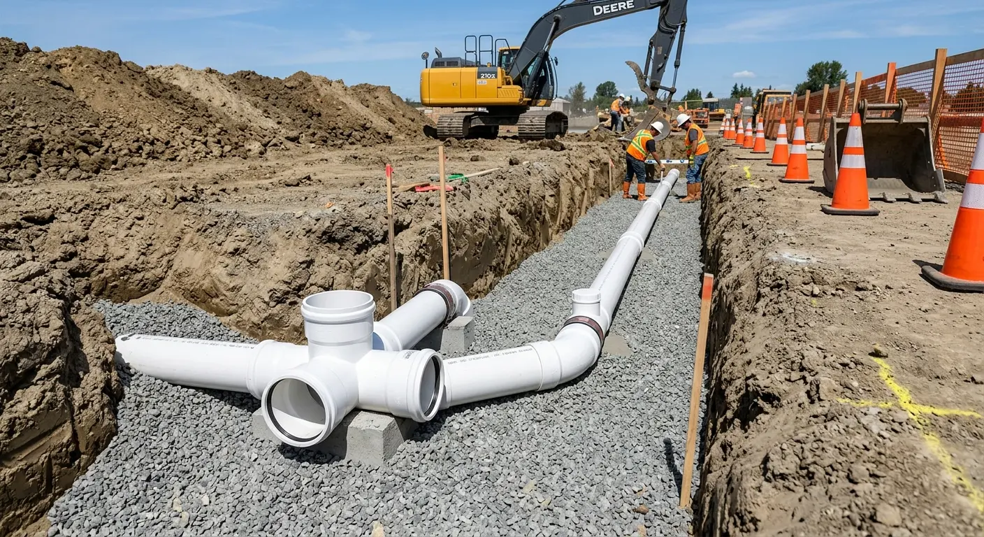 New PVC sewer pipe installation in open trench for Sewer Backup in Pacific Grove