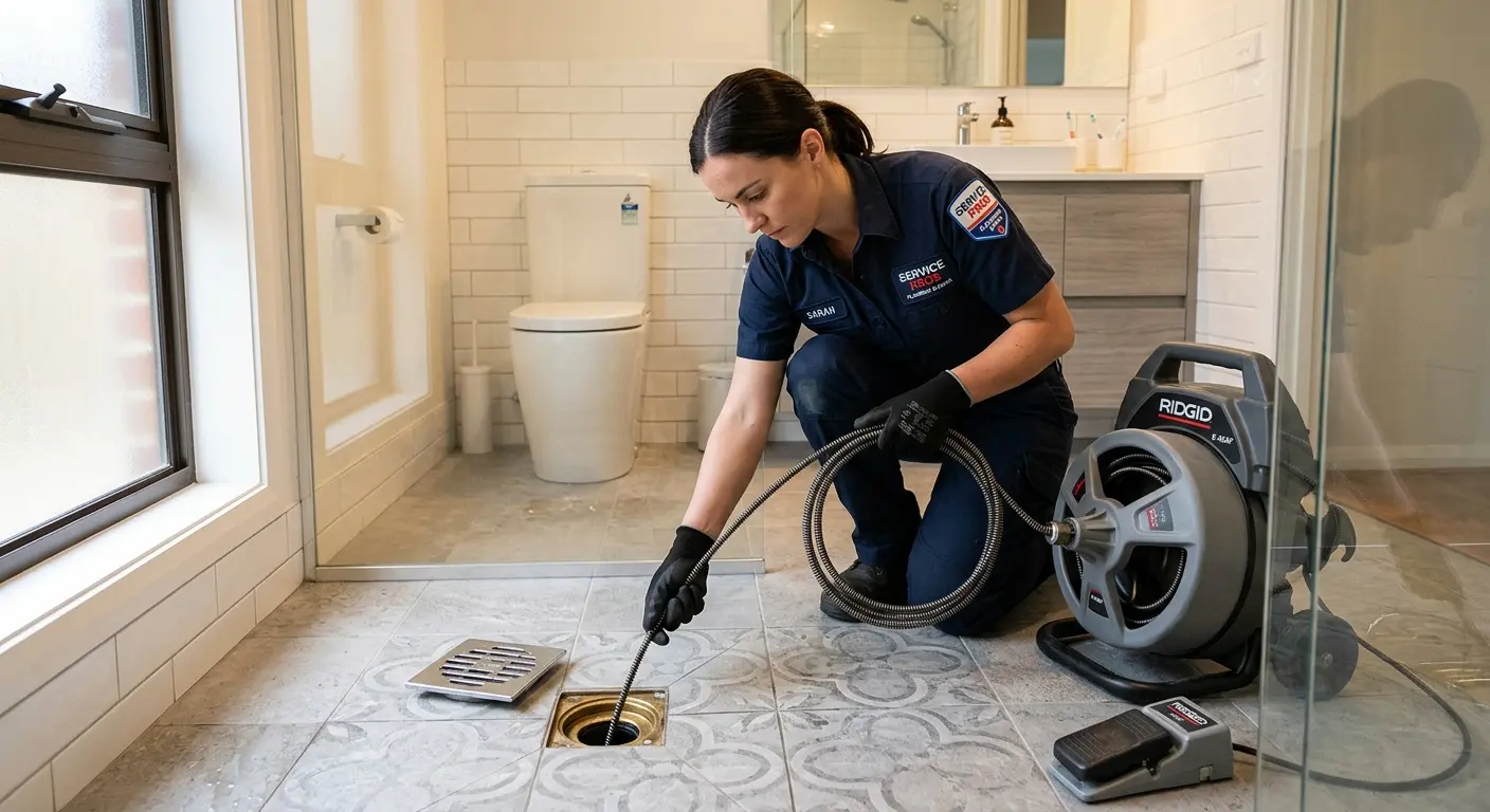 Technician clearing a bathroom floor drain for Drain Cleaning in Pacific Grove